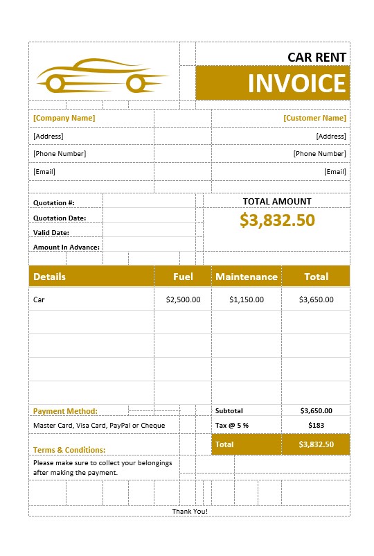 Car Rental Invoice PSD template